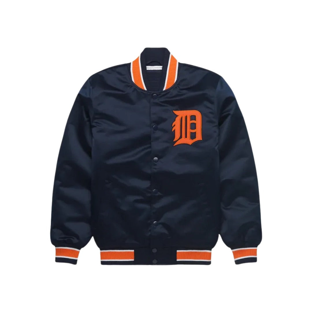 MLB Detroit Tigers Old English "D" Navy Blue Satin Bomber Jacket for Men & Women