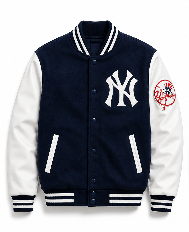 A navy blue and white New York Yankees varsity jacket with a white embroidered NY logo on the chest and a red circular team patch on the sleeve, shown on a plain white background.