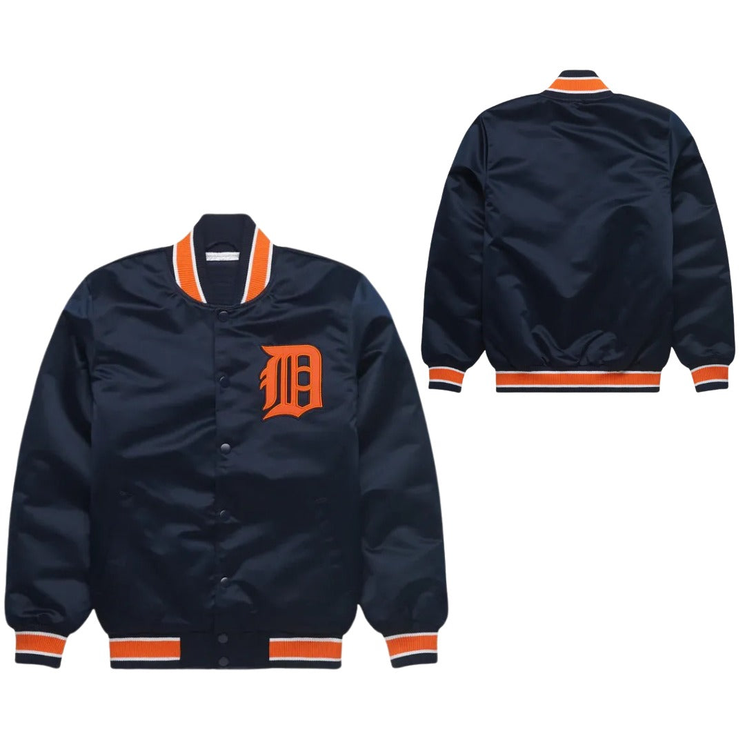 MLB Detroit Tigers Old English "D" Navy Blue Satin Bomber Jacket for Men & Women