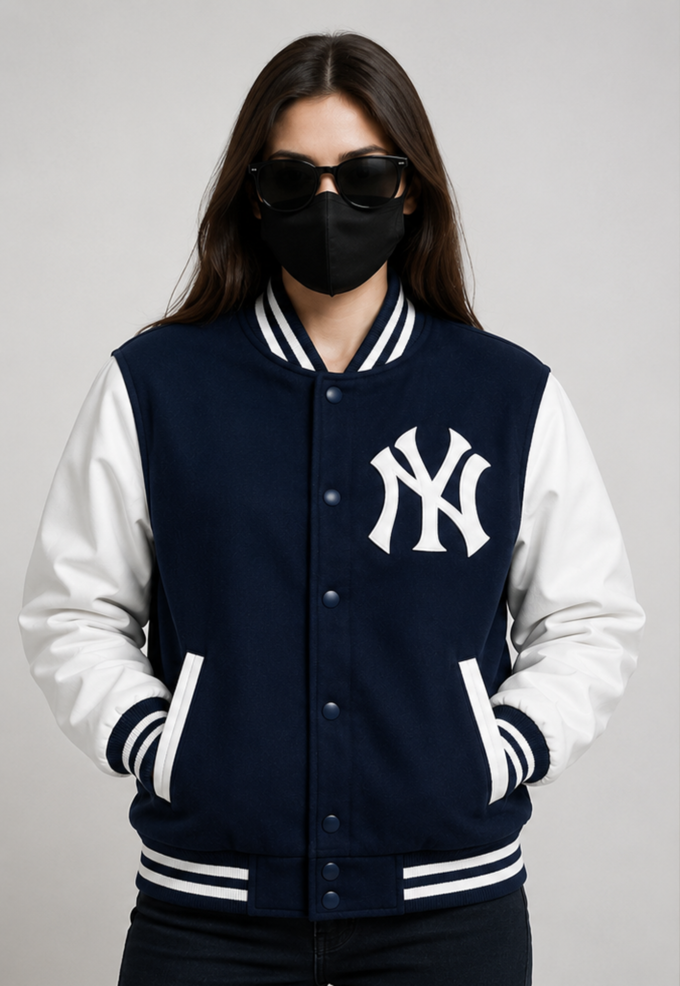 A woman modeling a navy and white varsity jacket with the New York Yankees logo on the chest, styled with a black face mask and sunglasses against a neutral gray background.