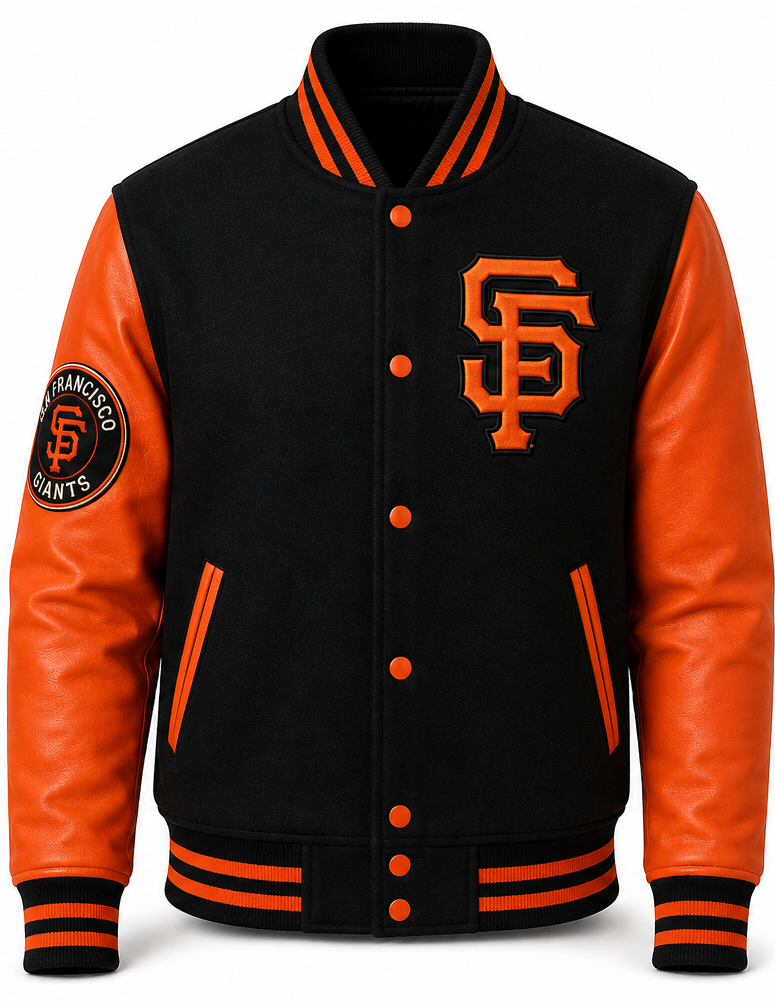 A San Francisco Giants varsity jacket with a black body and orange leather-look sleeves, featuring the embroidered 'SF' logo on the chest and a circular team patch on the sleeve.