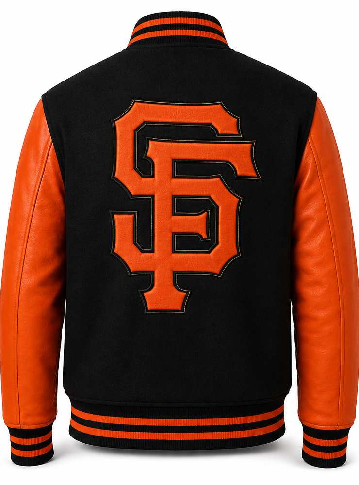 The back of a varsity-style letter jacket with a black fleece body, bright orange leather sleeves, and a large orange embroidered 'SF' logo outlined in black on the back. The collar, cuffs, and hem have black and orange stripes.