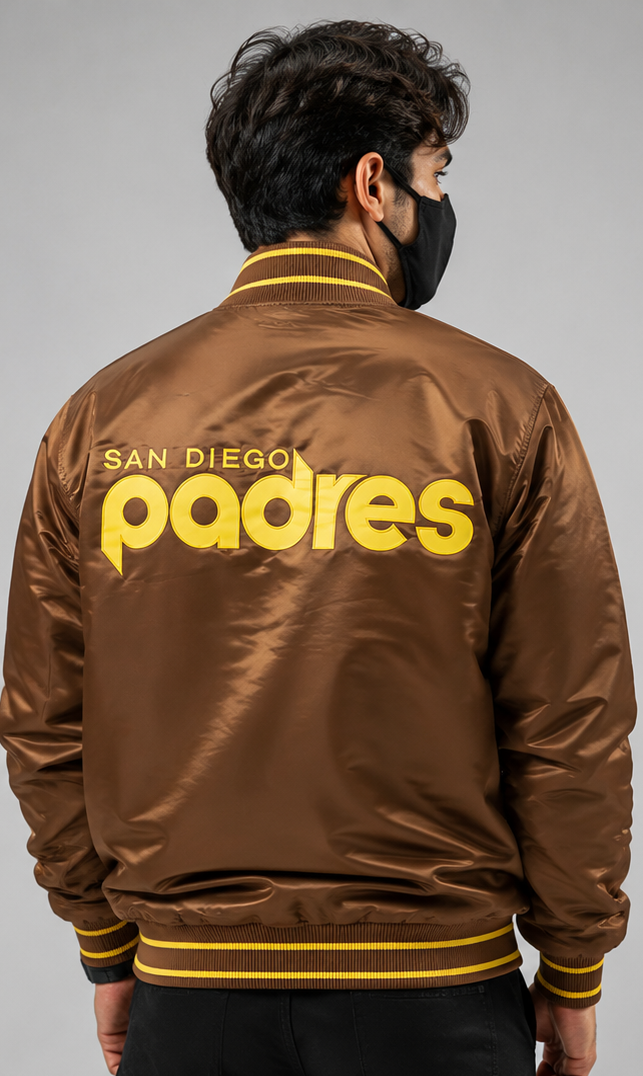 MLB Vintage San Diego Padres Brown Satin Bomber Jacket for Men & Women