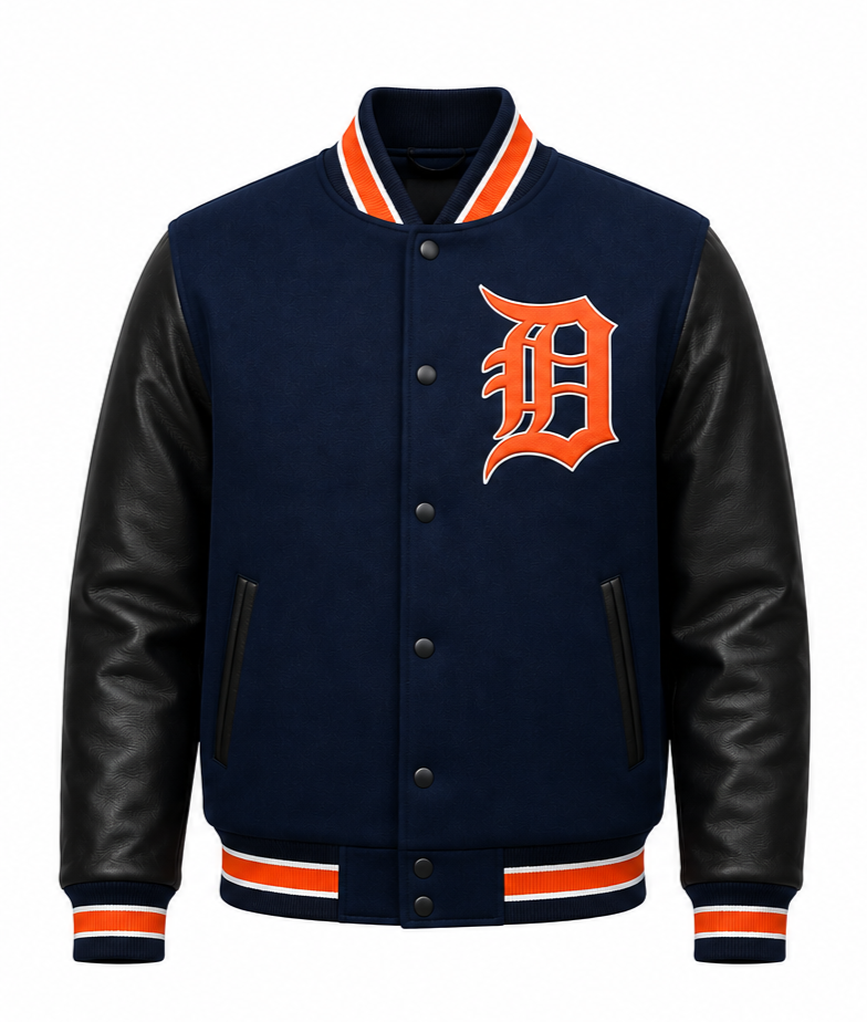 A navy blue varsity jacket with black leather sleeves, featuring an orange embroidered Detroit Tigers 'D' logo on the chest, and orange and white striped ribbing on the collar, cuffs, and hem.