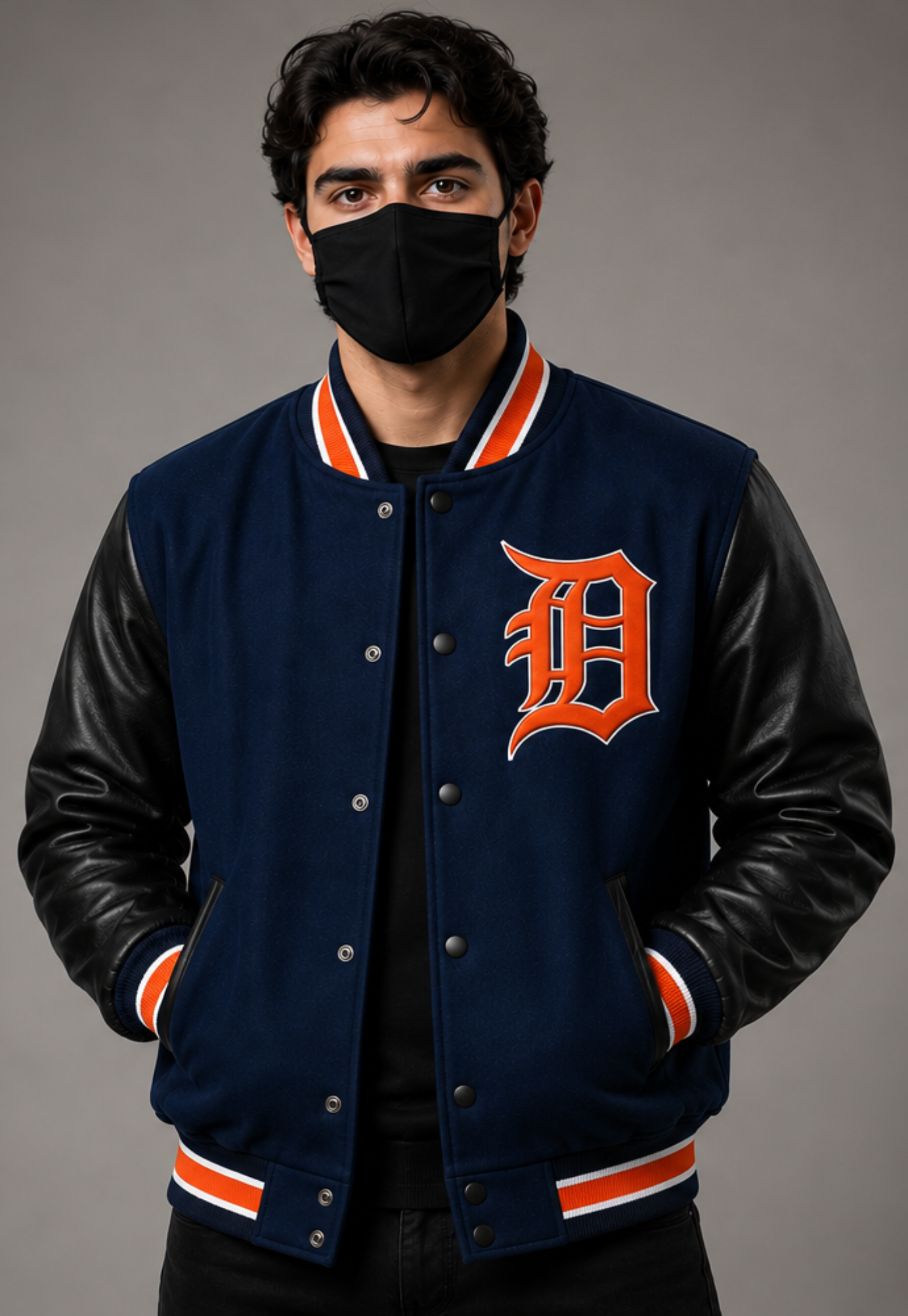 A man wearing a navy blue fleece varsity jacket with black faux leather sleeves, orange and white striped ribbing, and a large orange letter 'D' on the chest, paired with a black face mask against a gray studio background.