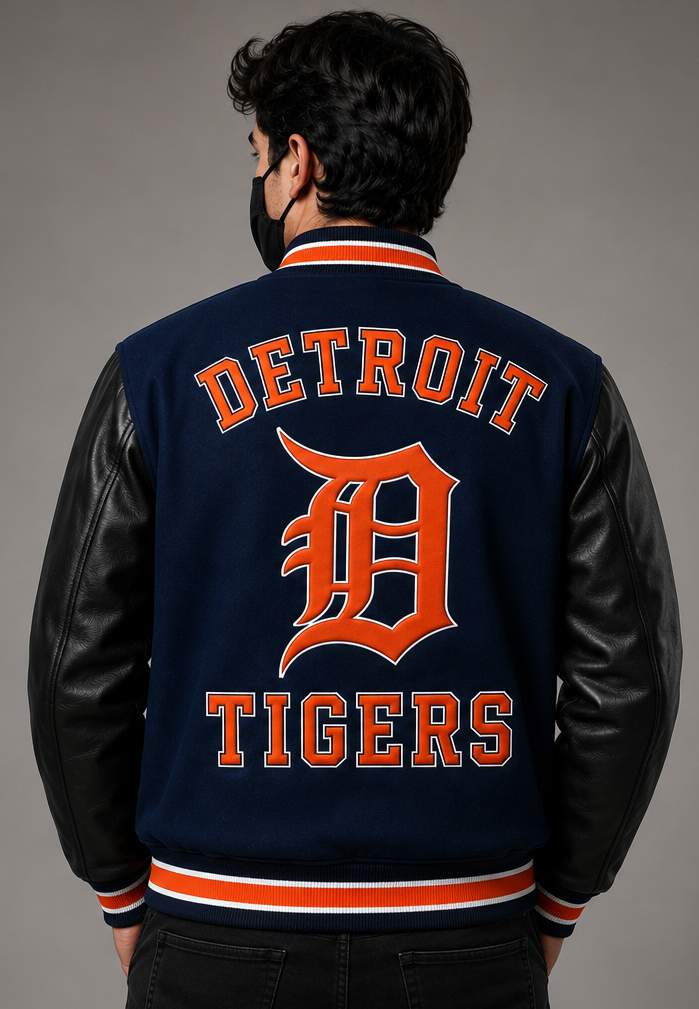 A man viewed from behind wearing a navy blue and black leather Detroit Tigers varsity jacket with orange and white lettering on the back.