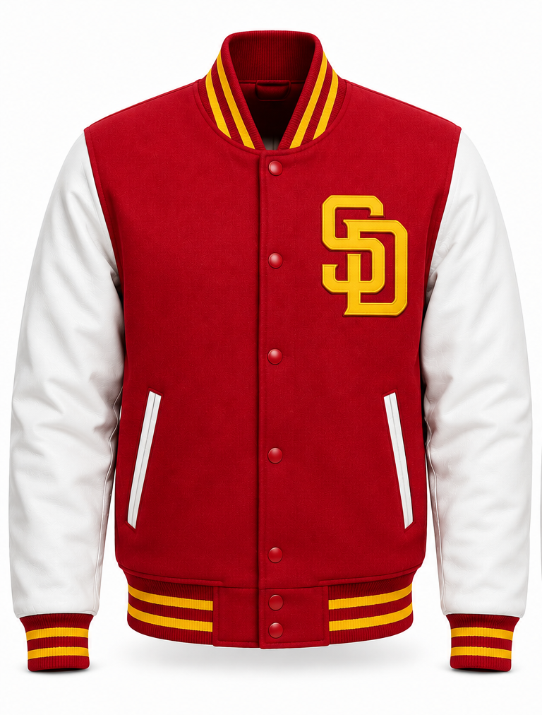 A varsity-style jacket with a red fleece body, white faux leather sleeves, and yellow striped ribbing, featuring a large yellow 'SD' logo on the left chest.