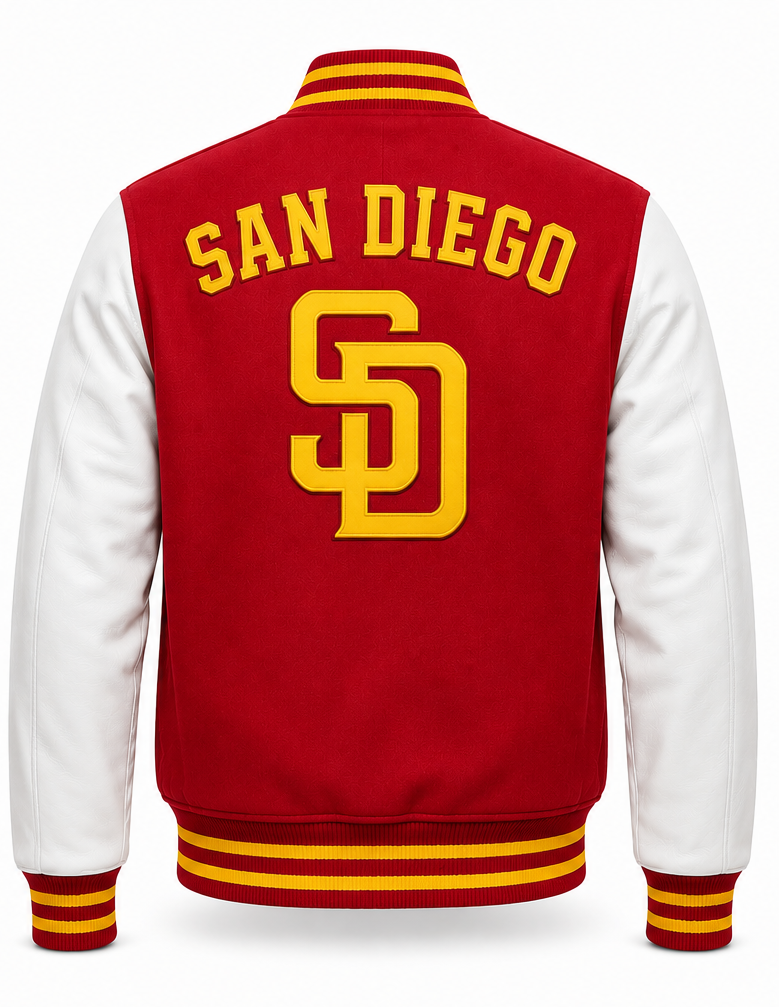 Red and white varsity jacket shown from the back, featuring 'SAN DIEGO' and a large 'SD' logo in yellow, with yellow and red striped ribbing.