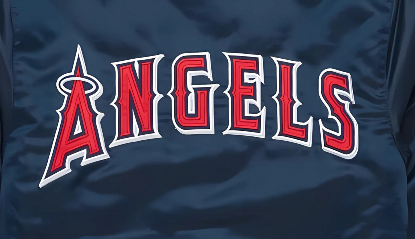 MLB Los Angeles Angels Navy Blue Satin Bomber Jacket for Men & Women