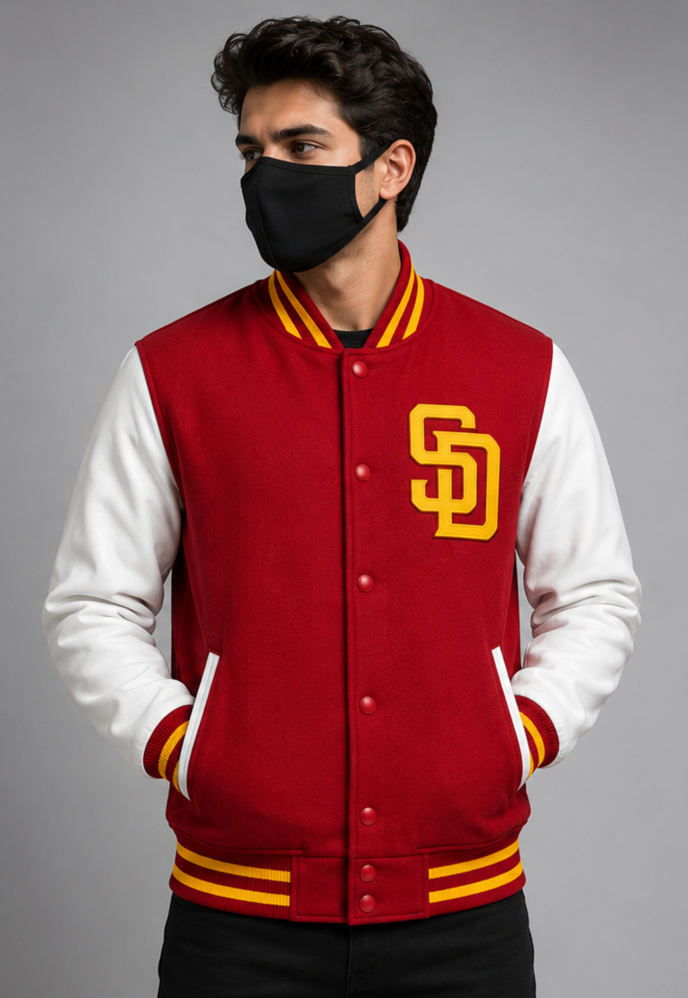 A man wearing a red and white varsity jacket with a yellow 'SD' logo on the chest, paired with a black face mask, against a solid gray studio background.