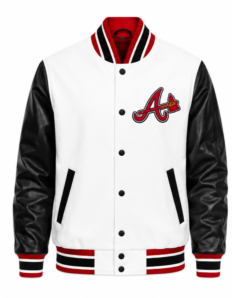 A varsity-style jacket with a white body, black faux-leather sleeves, and red and black striped ribbed collar, cuffs, and hem. The Atlanta Braves 'A' logo is embroidered on the left chest.