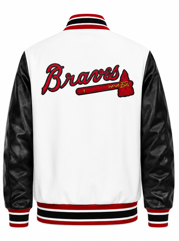 Back view of a white and black varsity jacket with red and black striped ribbing, featuring a large red 'Braves' script and tomahawk logo on the back.