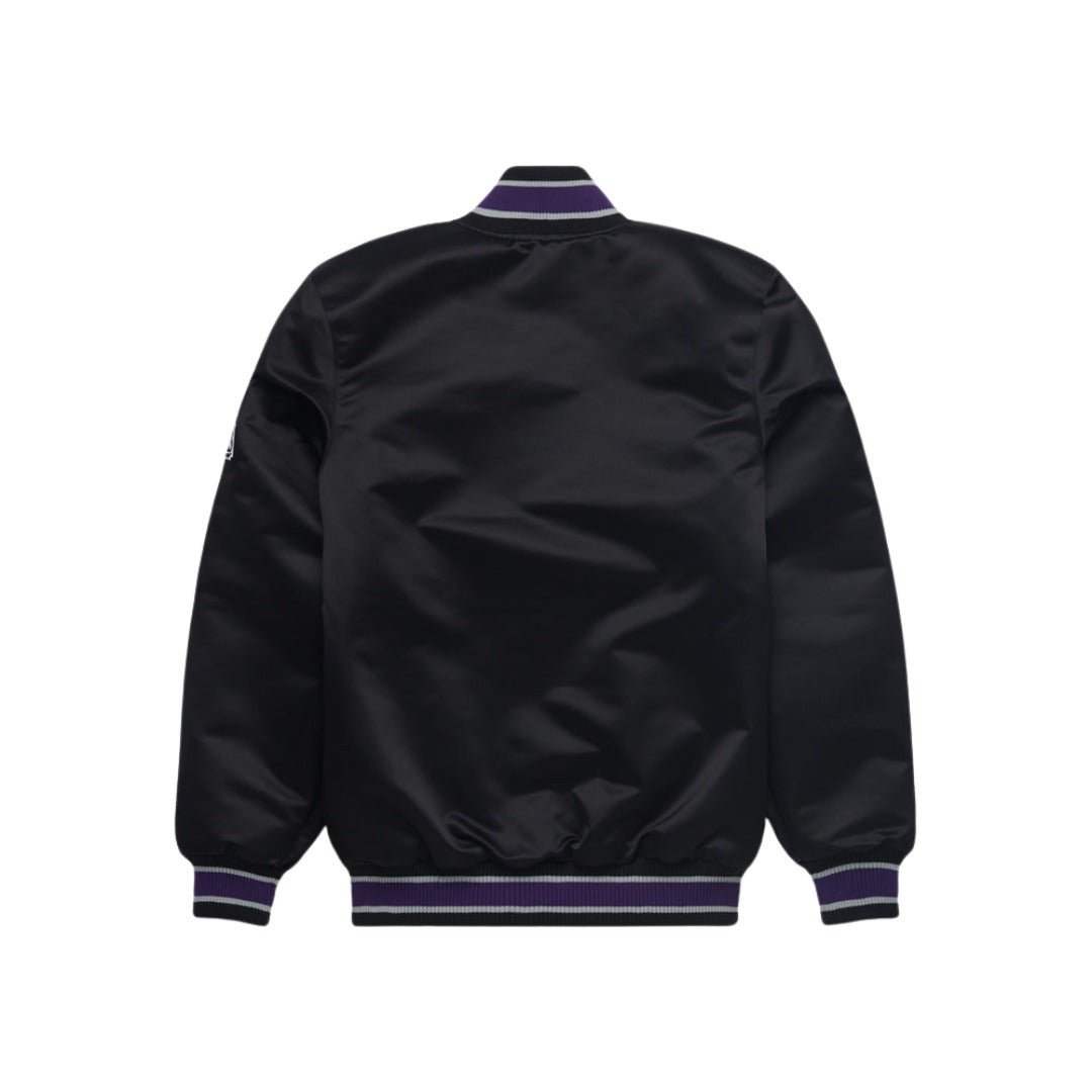 Black jacket with purple accents on a white background