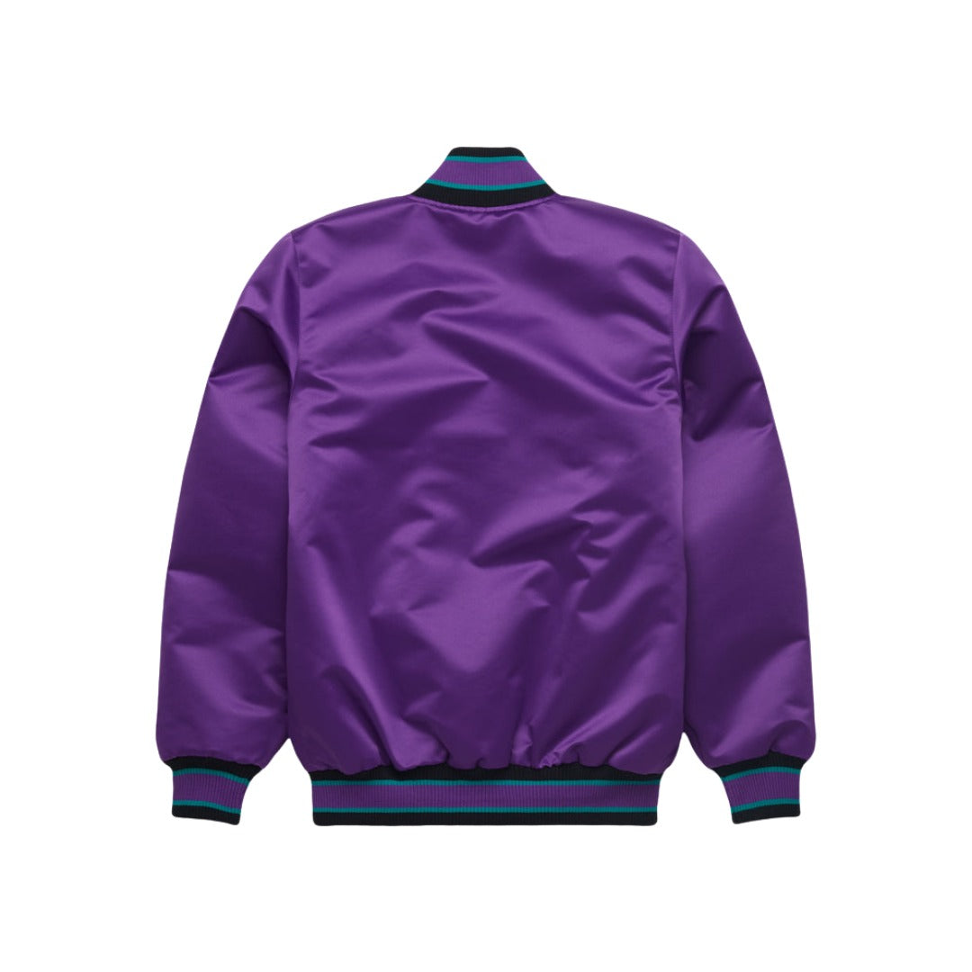 A purple satin bomber jacket shown from the back, featuring a ribbed collar and cuffs with green and black stripes, set against a plain white background.
