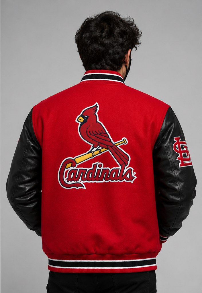 A man viewed from behind wearing a red and black varsity jacket with a large St. Louis Cardinals cardinal logo on the back, set against a plain gray studio background.