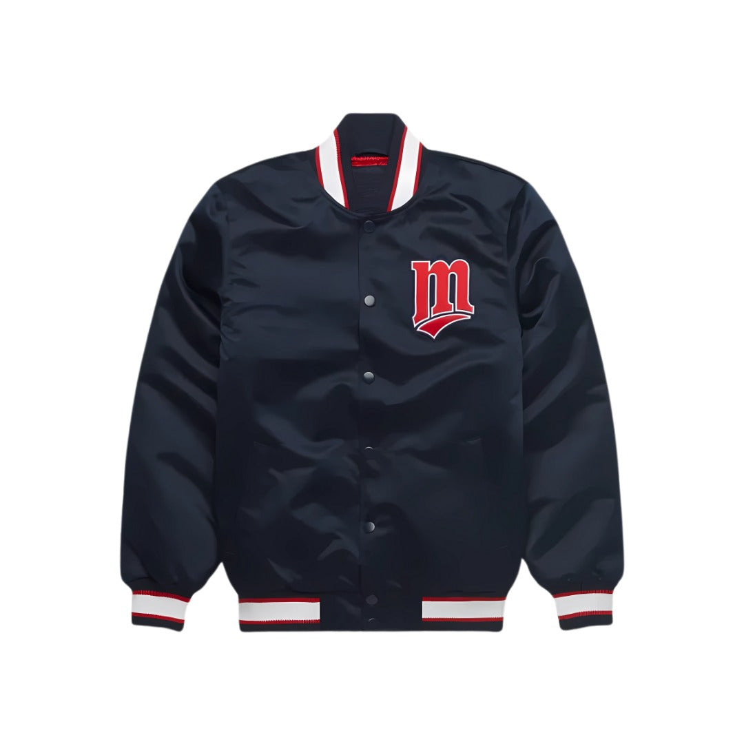 A navy blue satin varsity jacket with a red and white embroidered letter 'M' on the left chest, featuring a red, white, and navy striped collar, cuffs, and hem, shown on a plain white background.