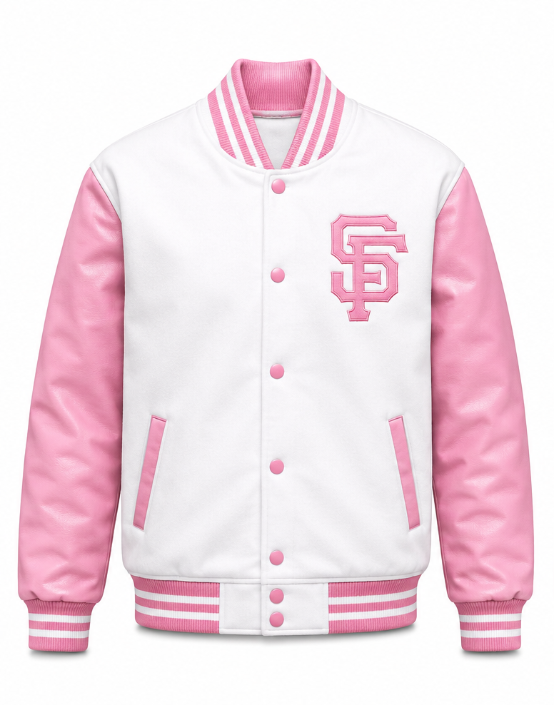 A white and pink varsity jacket with a pink 'SF' monogram on the chest, featuring a white body, pink sleeves, pink buttons, and pink and white striped ribbed collar, cuffs, and hem.