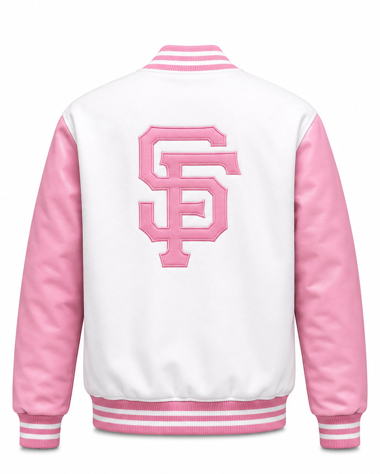 A white and pink varsity jacket shown from the back, featuring a large pink embroidered 'SF' logo on the back and pink ribbed trim with white stripes.