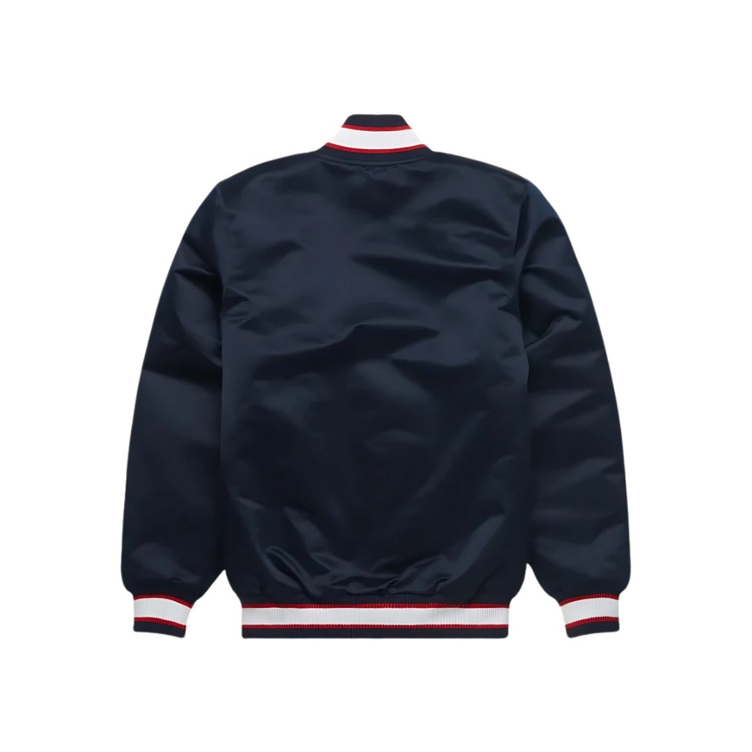 Navy blue jacket with white and red trim on a white background