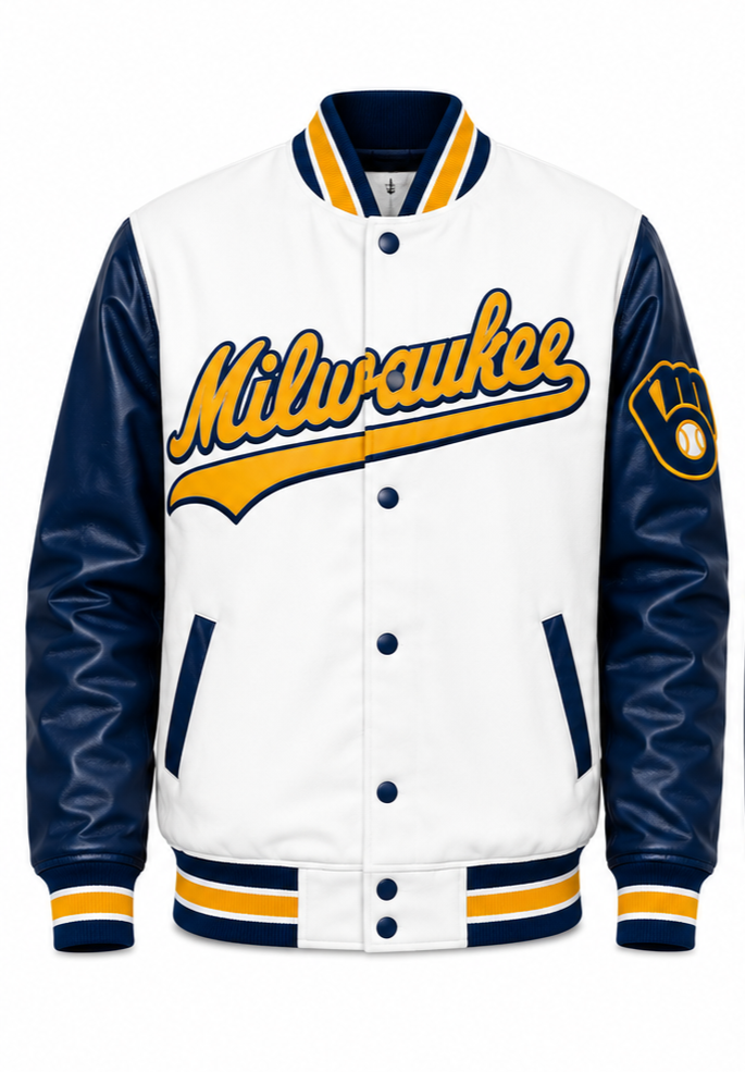 A Milwaukee baseball varsity jacket with a white body, navy blue sleeves, and yellow and navy striped ribbing. The front features 'Milwaukee' in yellow script with a navy outline, and a baseball glove patch is visible on the left sleeve.