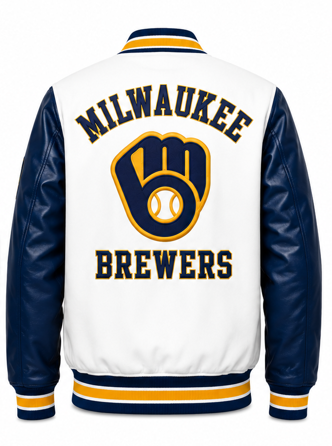 Milwaukee Brewers varsity jacket shown from the back, featuring a white body, navy blue leather sleeves, and yellow and navy blue ribbed trim. The back is decorated with 'MILWAUKEE BREWERS' text and the team's glove logo.