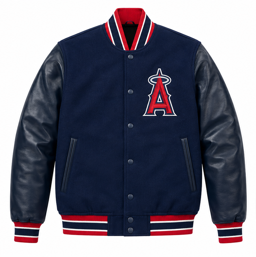 A navy blue varsity-style jacket with faux leather sleeves, featuring the Los Angeles Angels 'A' logo embroidered on the chest, with a red, white, and navy striped ribbed collar, hem, and cuffs.