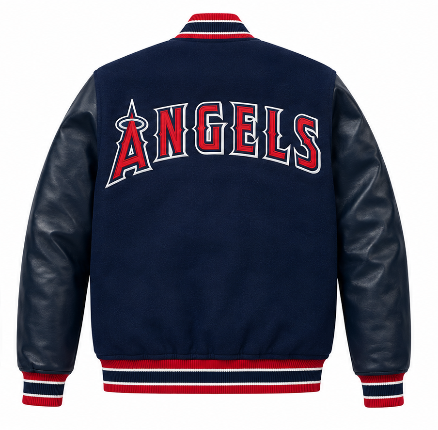 Back view of a Los Angeles Angels varsity jacket featuring a navy blue body, dark navy leather sleeves, and 'ANGELS' embroidered in red, white, and navy on the back. The jacket has a striped ribbed collar, cuffs, and hem.