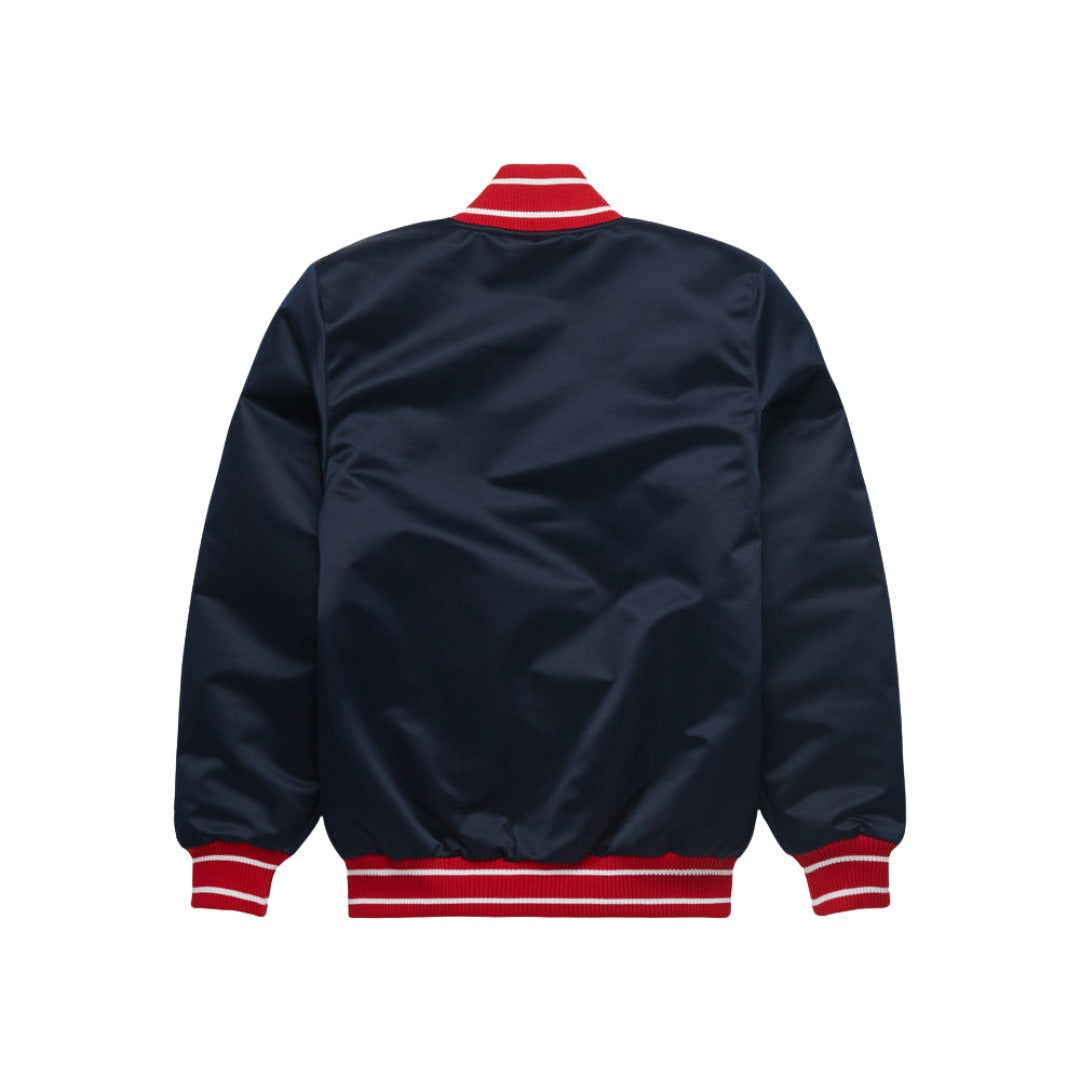 Navy blue jacket with red and white accents on a white background