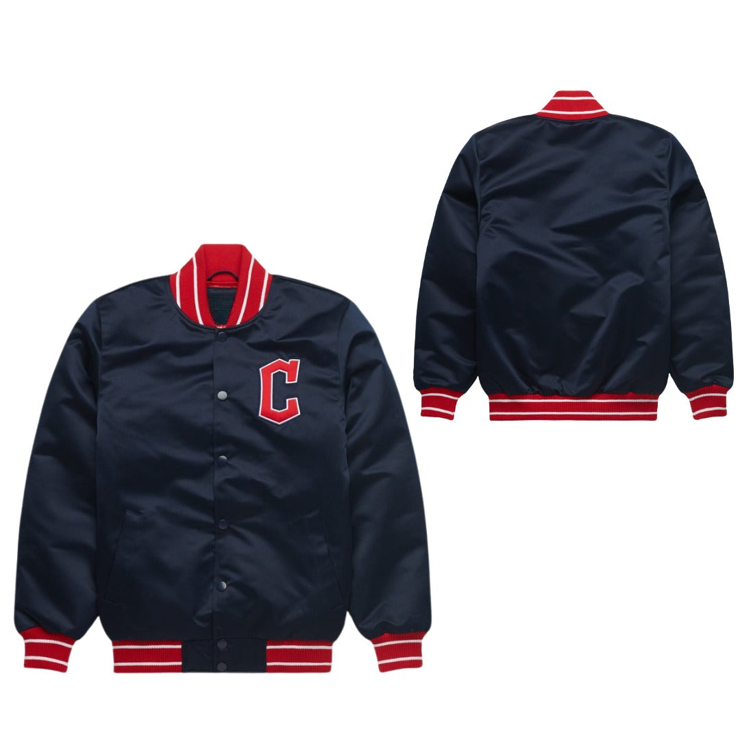 Navy blue varsity jacket with red accents on a white background