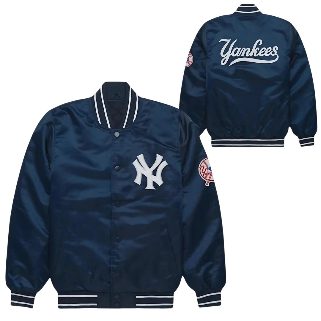 MLB New York Yankees Navy Blue Satin Bomber Jacket for Men & Women