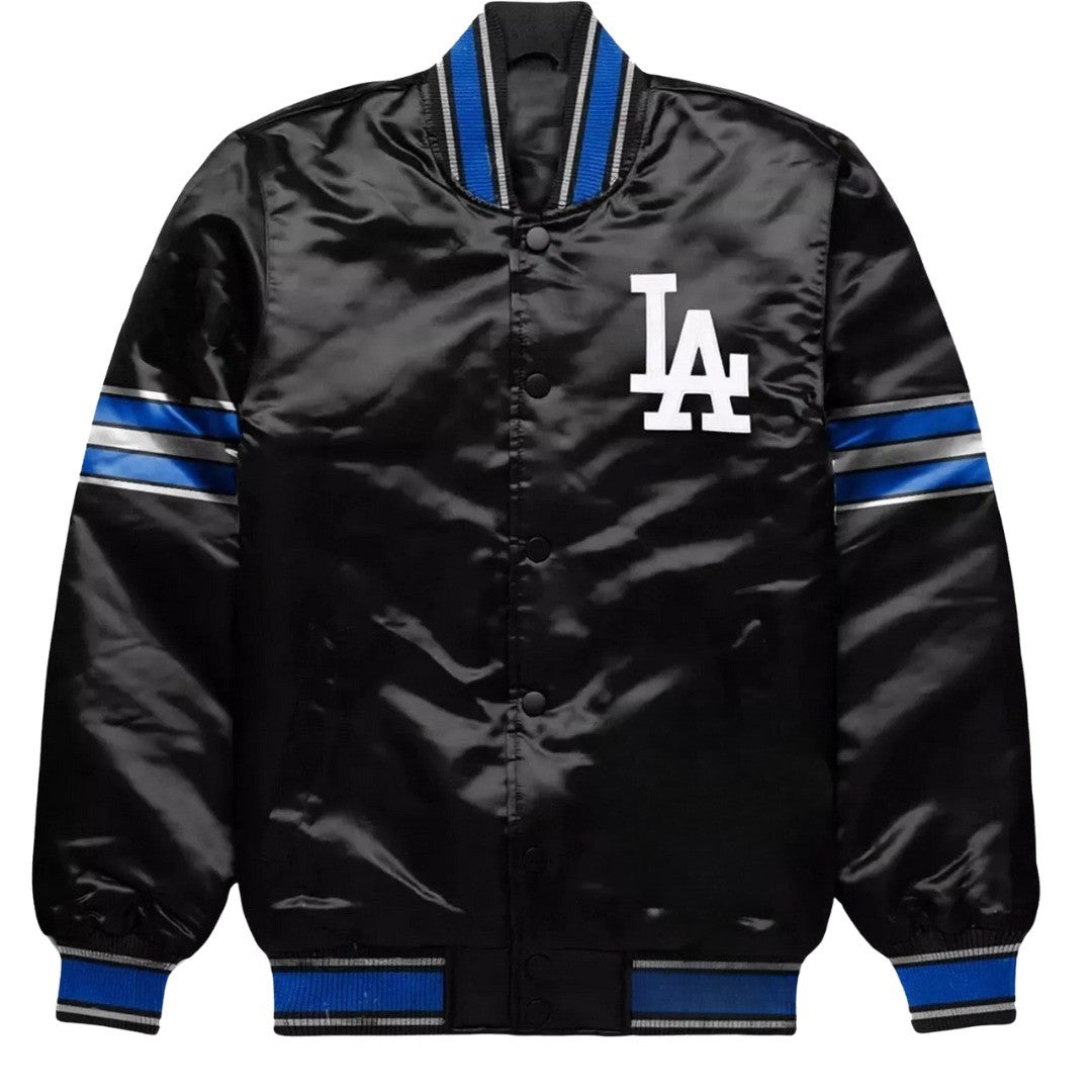 A black satin varsity jacket featuring the white 'LA' logo of the Los Angeles Dodgers on the left chest, with blue and white striped accents on the collar, cuffs, and sleeves.
