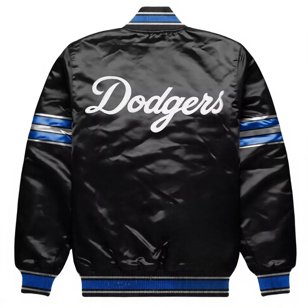 Black satin jacket with blue and white striped ribbed trim and 'Dodgers' in white script across the back.