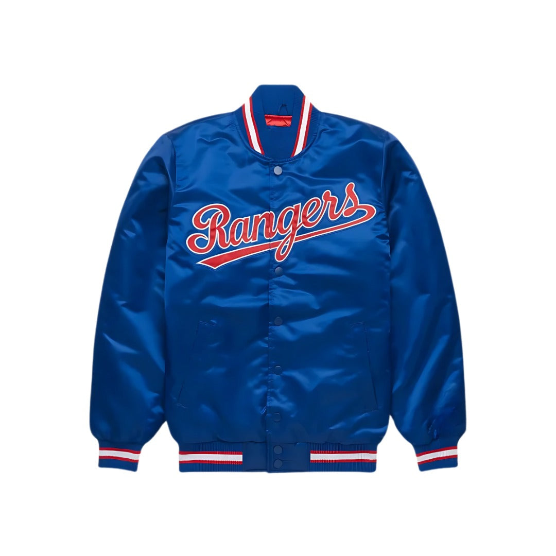 MLB Texas Rangers Retro Royal Blue Satin Bomber Jacket for Men & Women