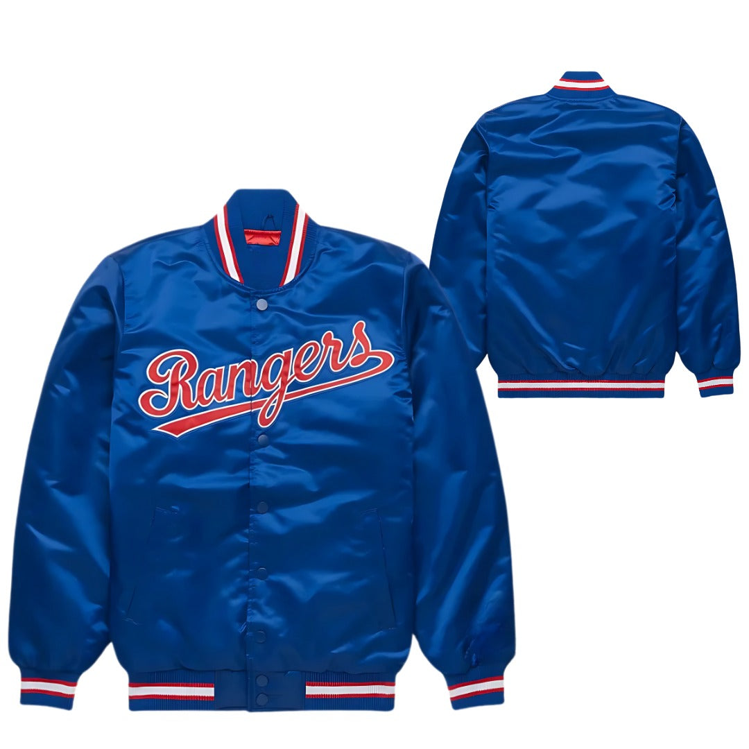 MLB Texas Rangers Retro Royal Blue Satin Bomber Jacket for Men & Women