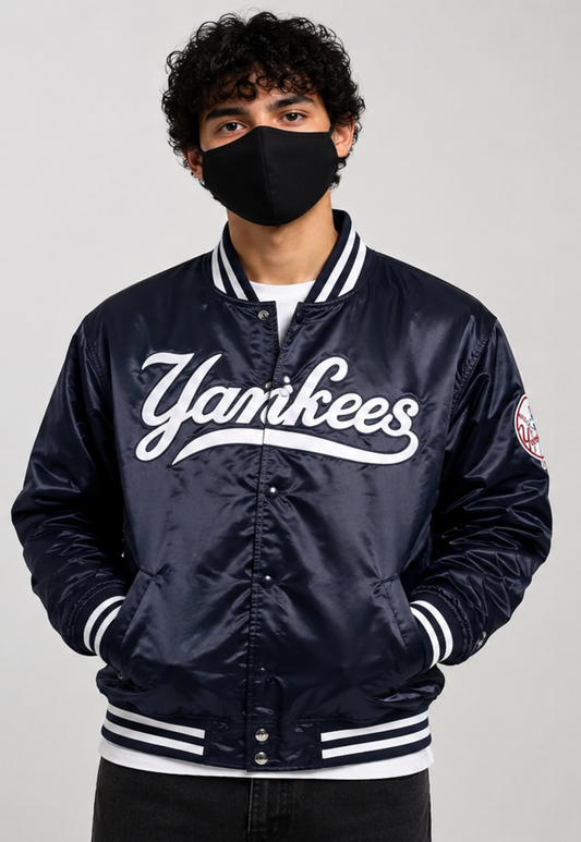 MLB New York Yankees Navy Blue Satin Bomber Jacket for Men & Women