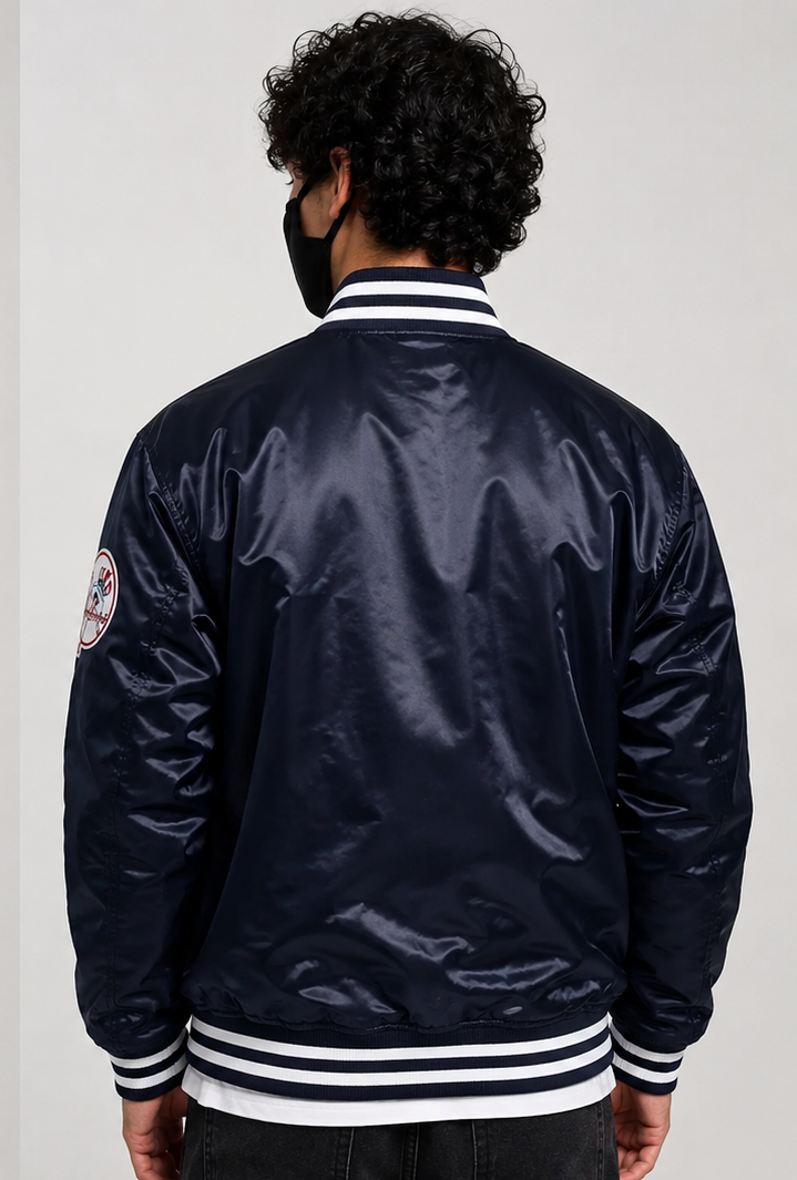 MLB New York Yankees Navy Blue Satin Bomber Jacket for Men & Women