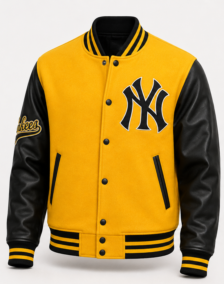 A yellow and black varsity jacket featuring the New York Yankees logo on the chest, black leather-look sleeves, and yellow and black striped ribbing.