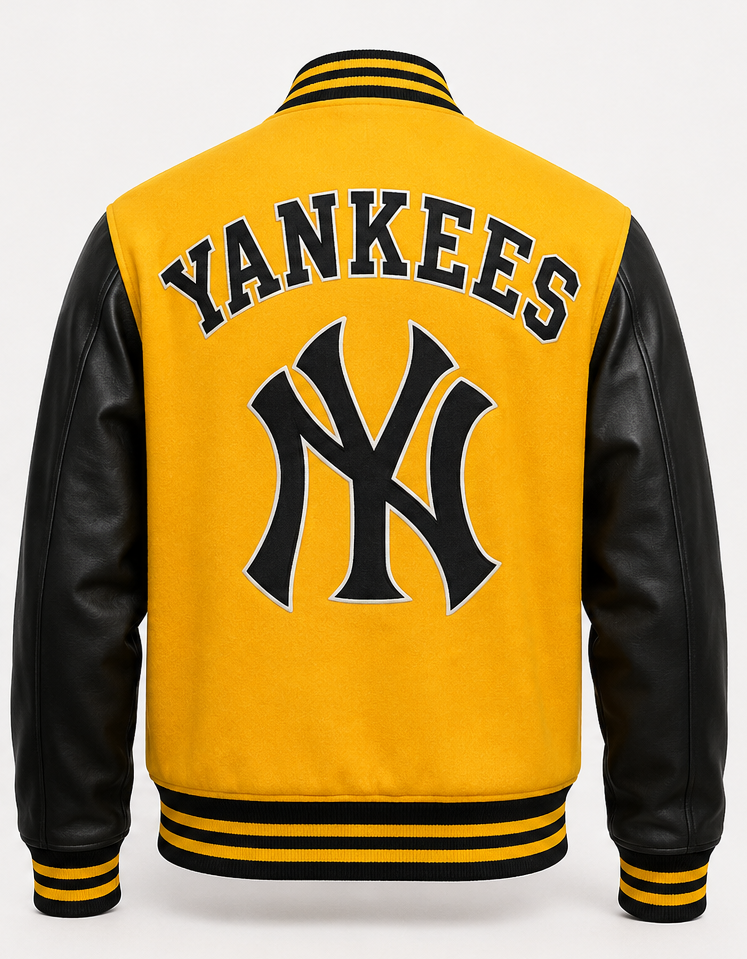A yellow and black varsity jacket shown from the back, featuring 'YANKEES' and the New York Yankees 'NY' logo in black with a white outline on the back. The jacket has black leather sleeves and yellow and black striped ribbed collar, cuffs, and hem.