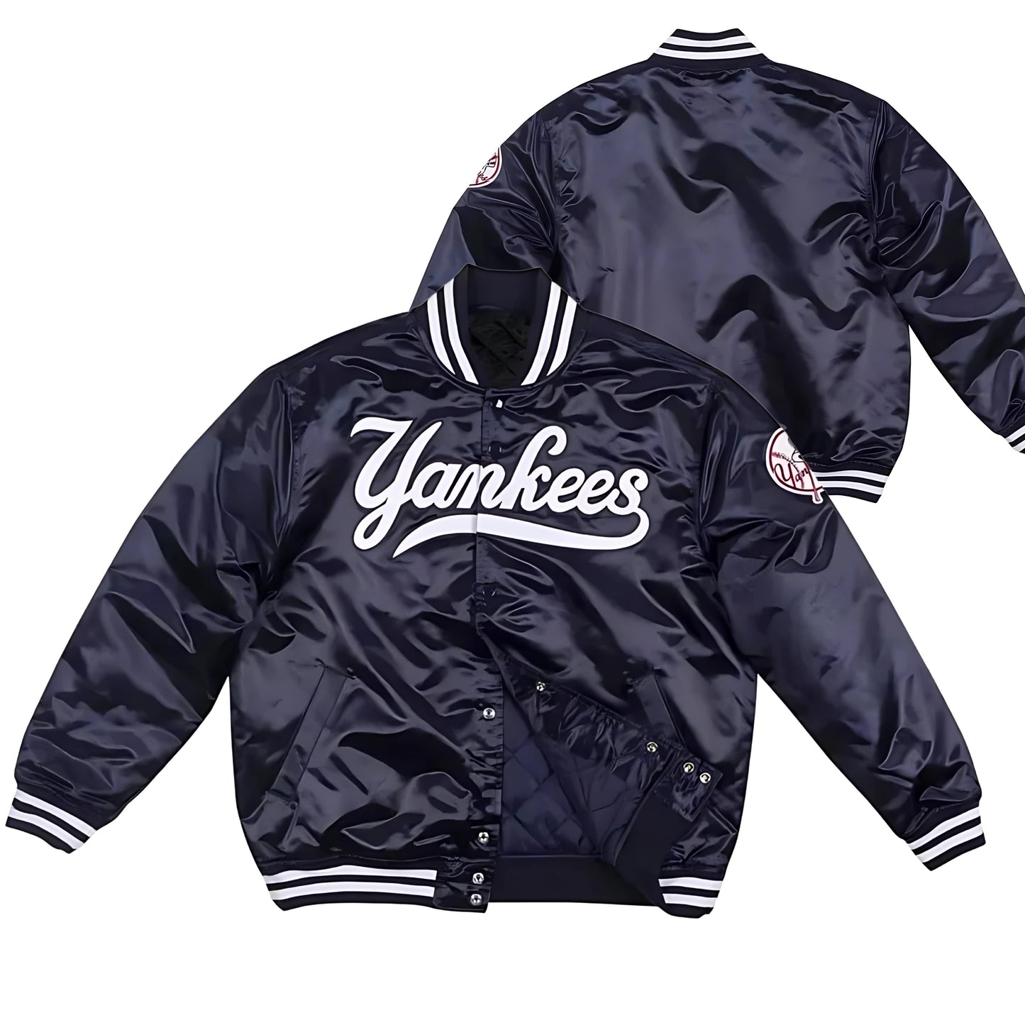 MLB New York Yankees Navy Blue Satin Bomber Jacket for Men & Women