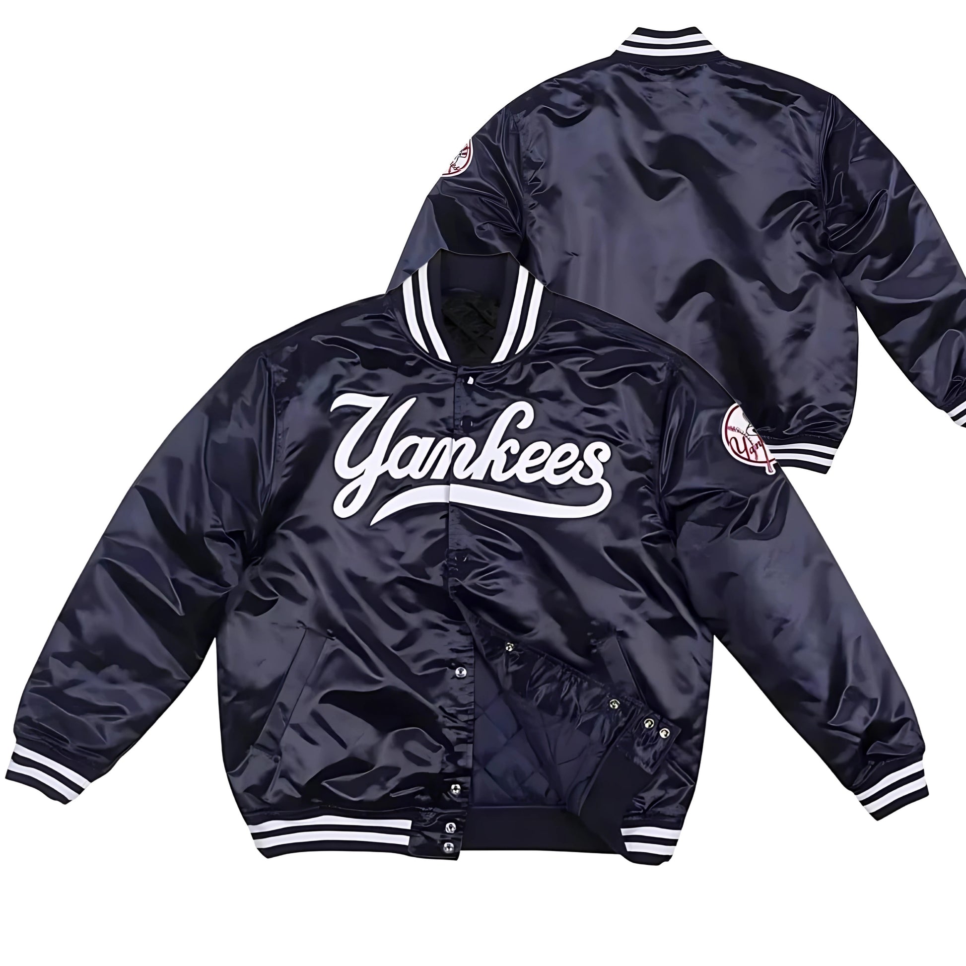 MLB New York Yankees Navy Blue Satin Bomber Jacket for Men & Women