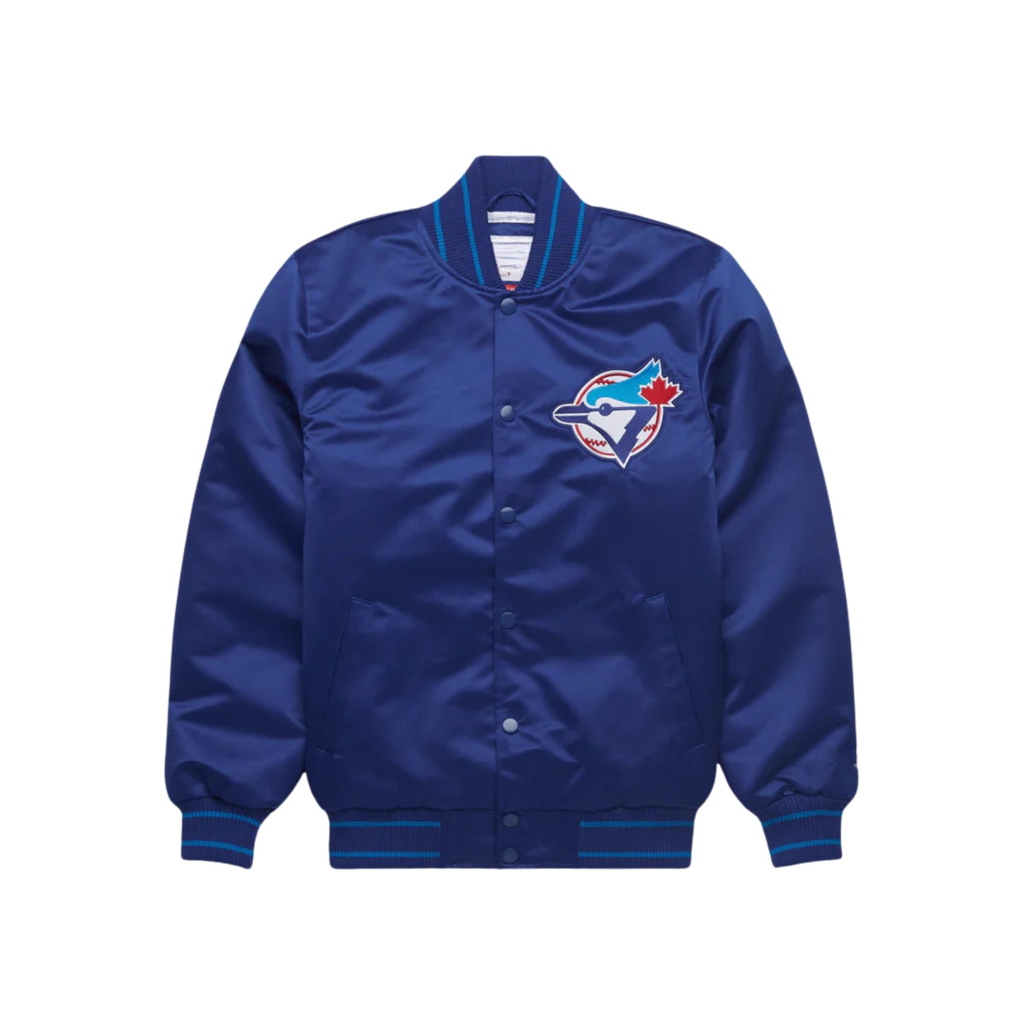 A royal blue satin varsity jacket featuring the Toronto Blue Jays logo embroidered on the left chest, with ribbed collar, cuffs, and hem in blue and white.