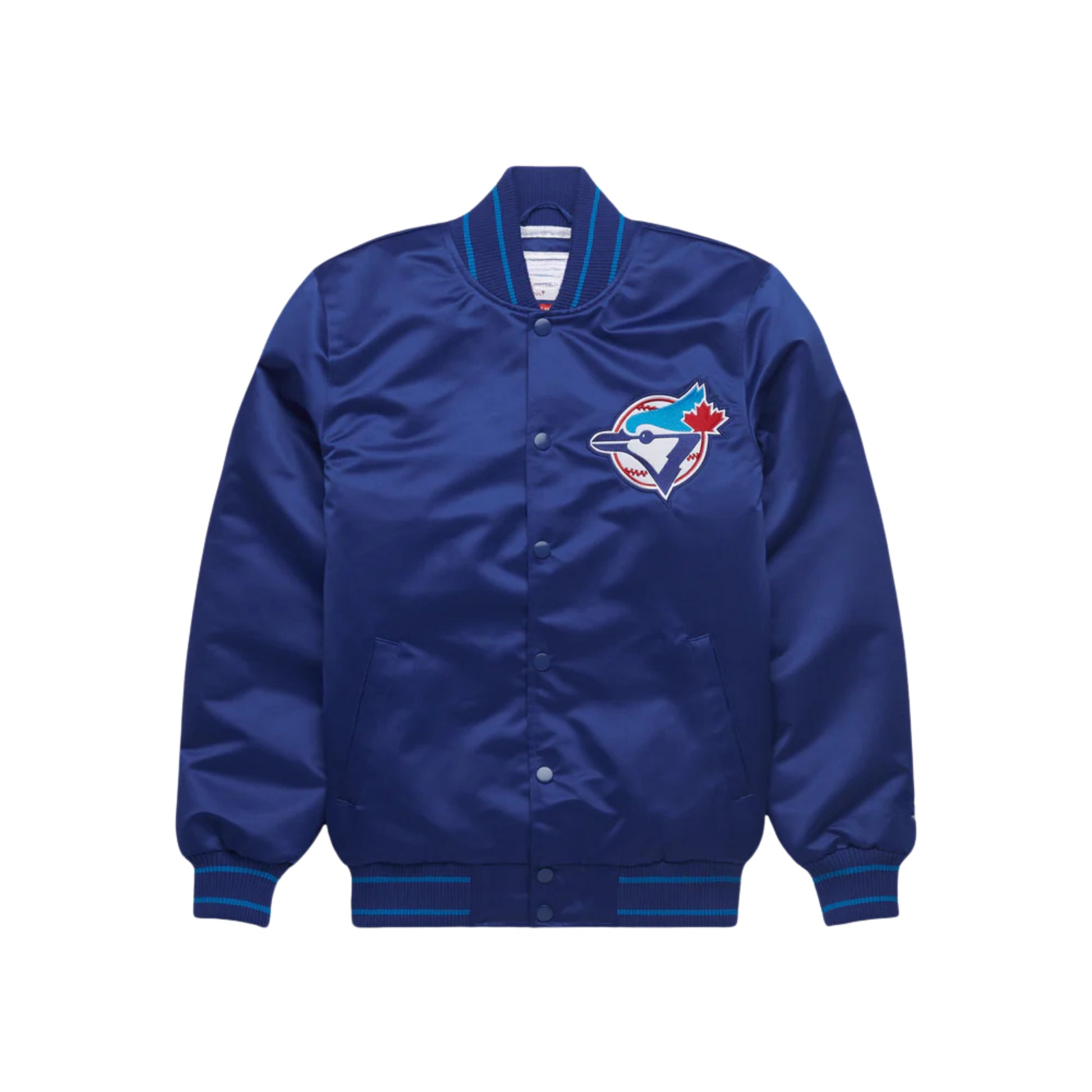 A royal blue satin varsity jacket featuring the Toronto Blue Jays logo embroidered on the left chest, with ribbed collar, cuffs, and hem in blue and white.