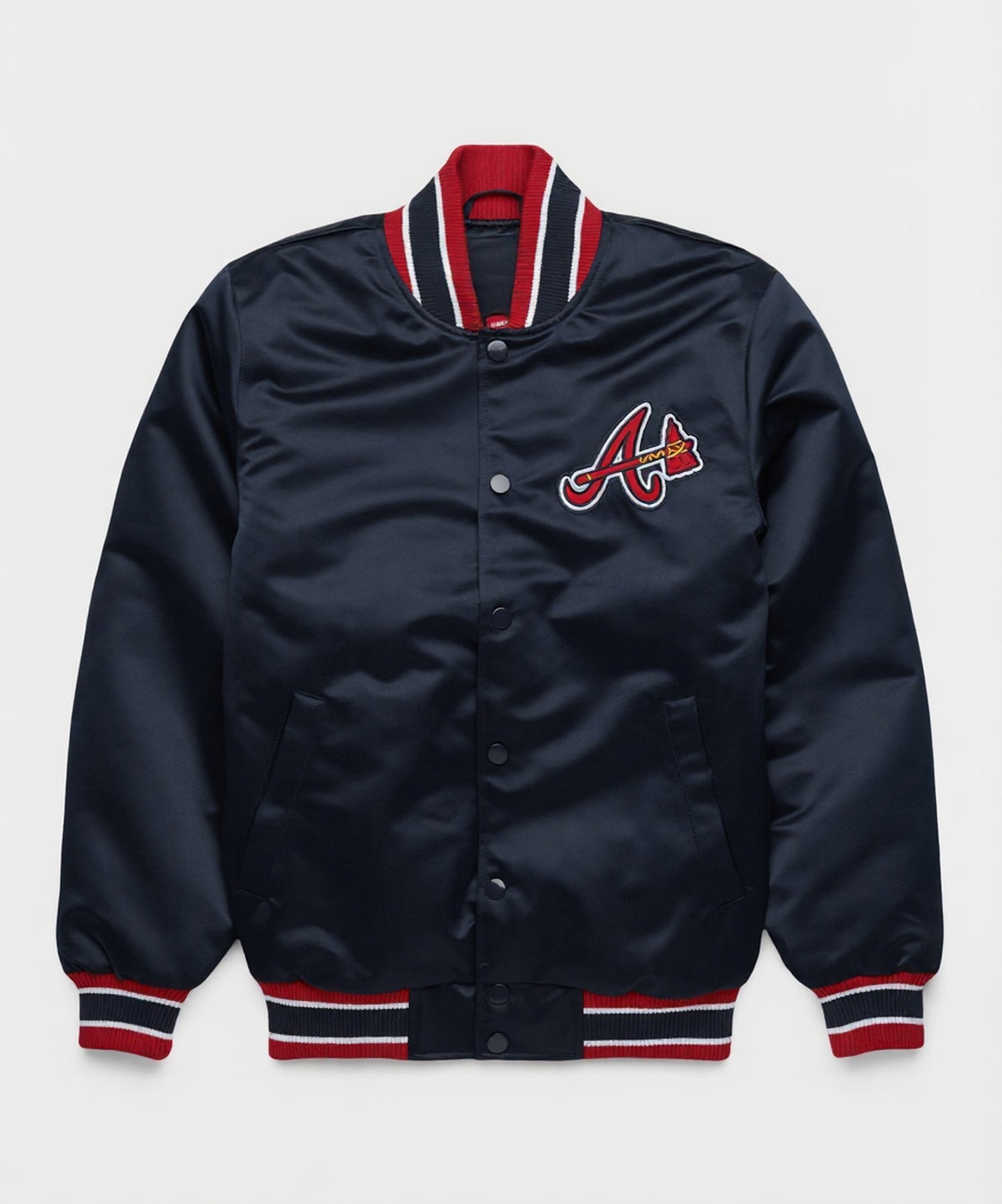 A navy blue satin varsity jacket featuring the Atlanta Braves 'A' logo on the left chest, with red and white striped ribbed collar, cuffs, and hem.