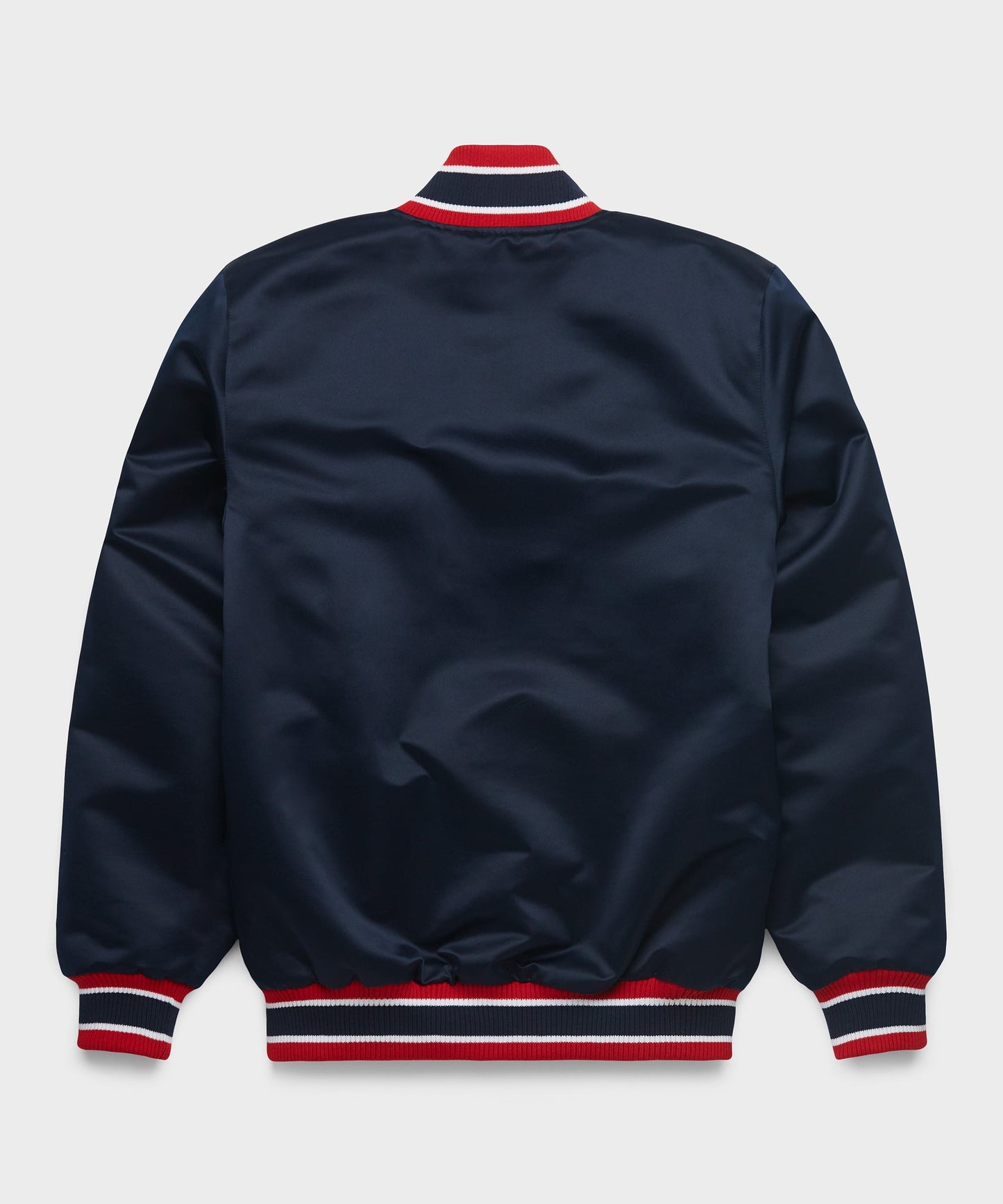 Navy blue jacket with red and white trim on a light gray background