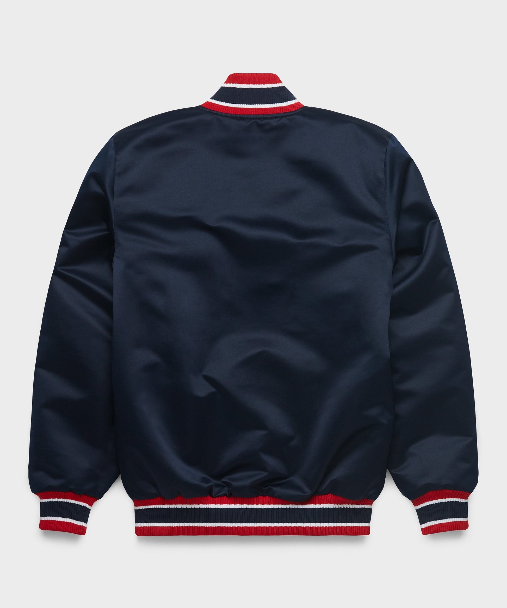 Navy blue jacket with red and white trim on a light gray background
