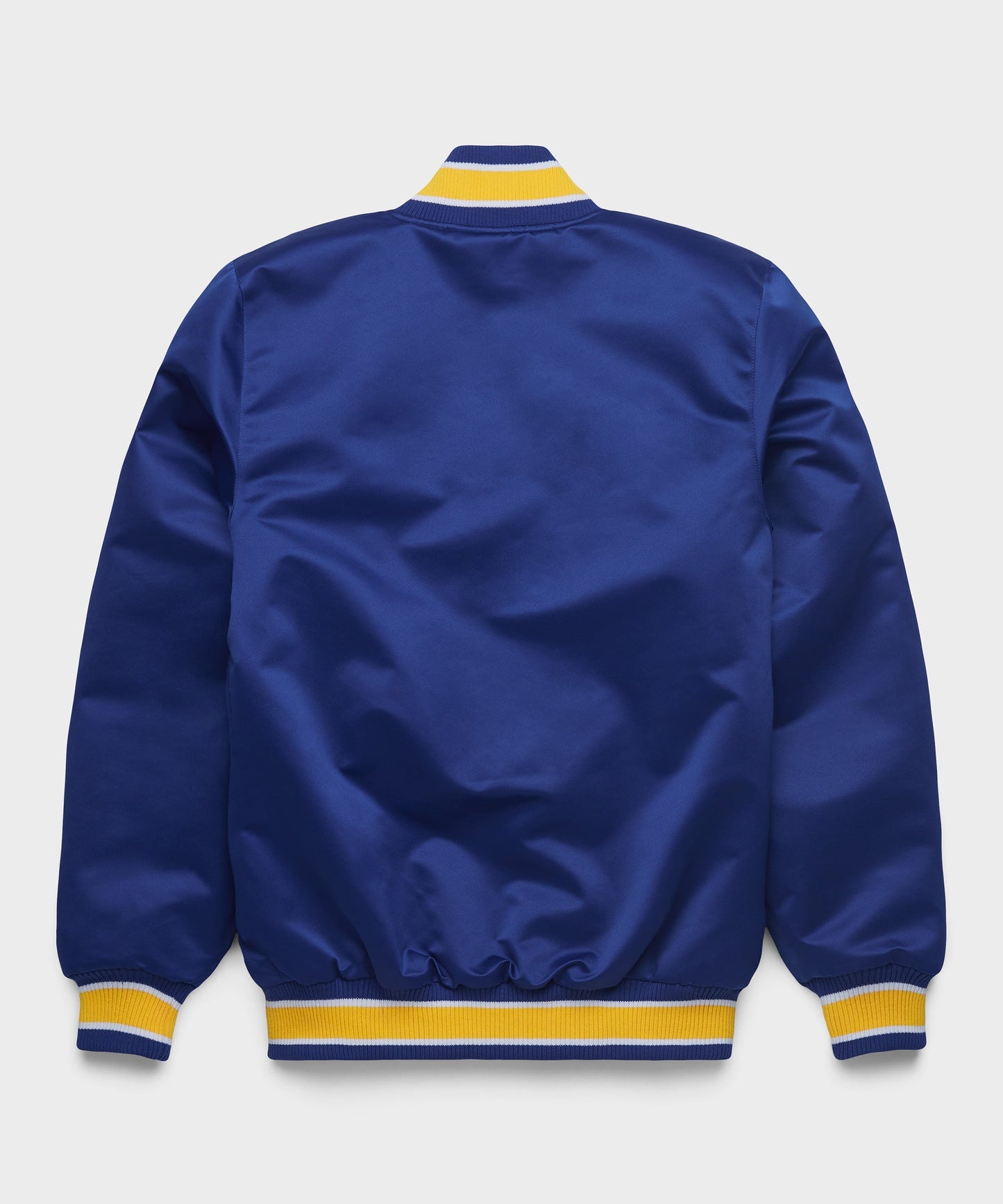 Blue jacket with yellow and blue trim on a light gray background