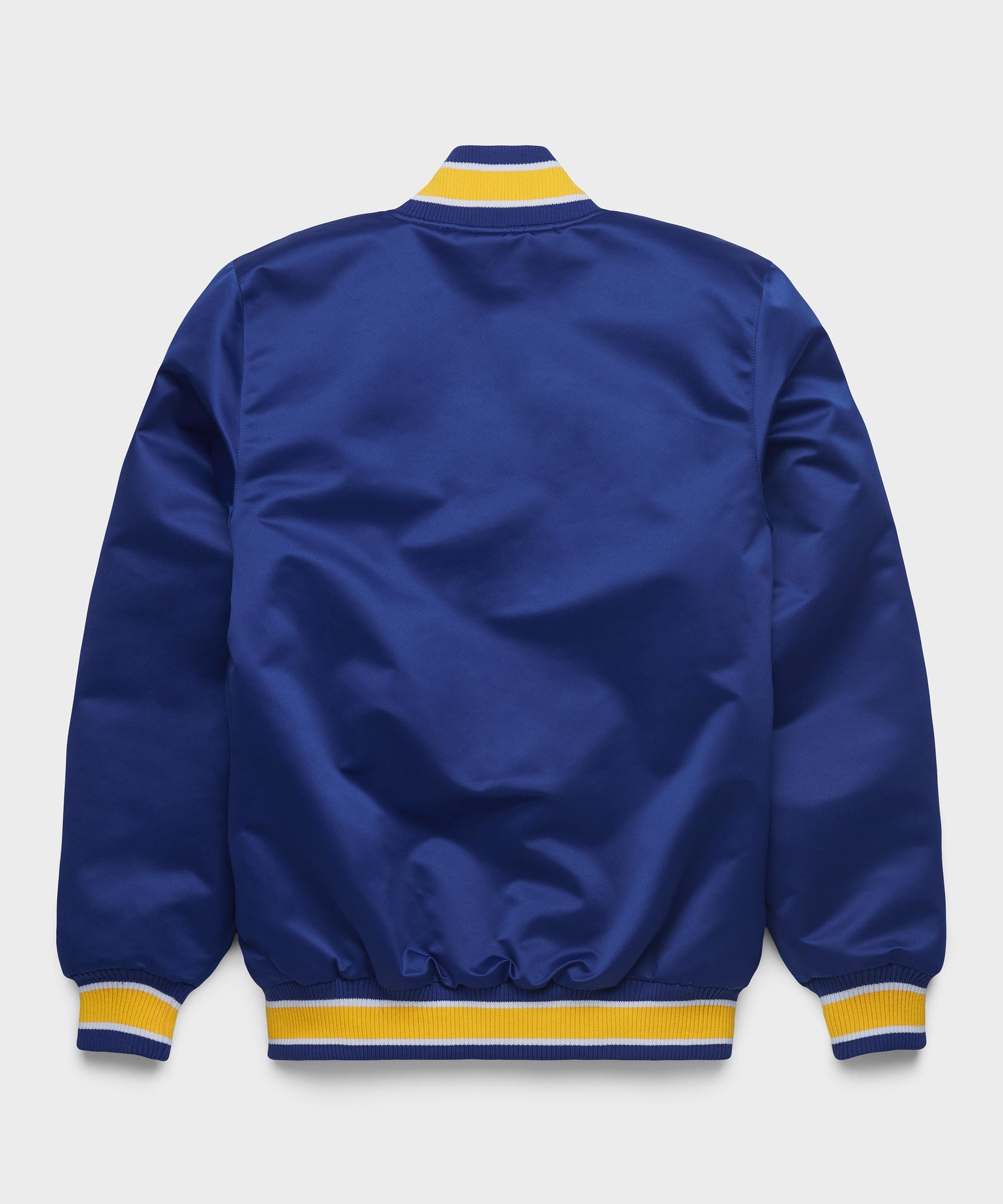 Blue jacket with yellow and blue trim on a light gray background