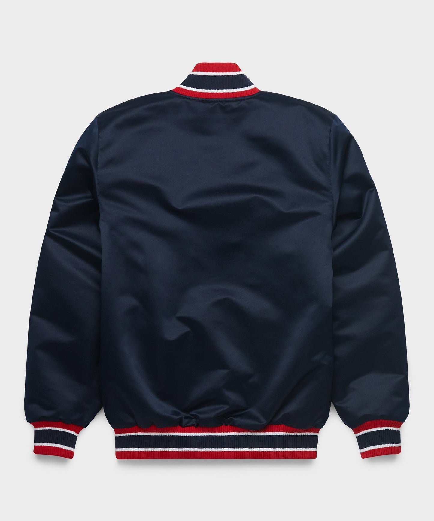 Navy blue jacket with red and white trim on a light gray background