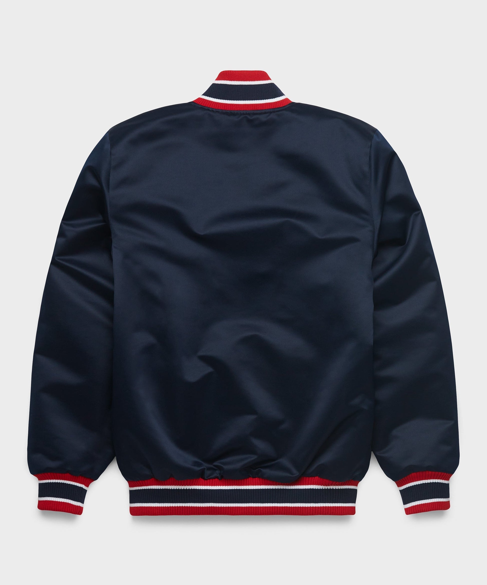 Navy blue jacket with red and white trim on a light gray background