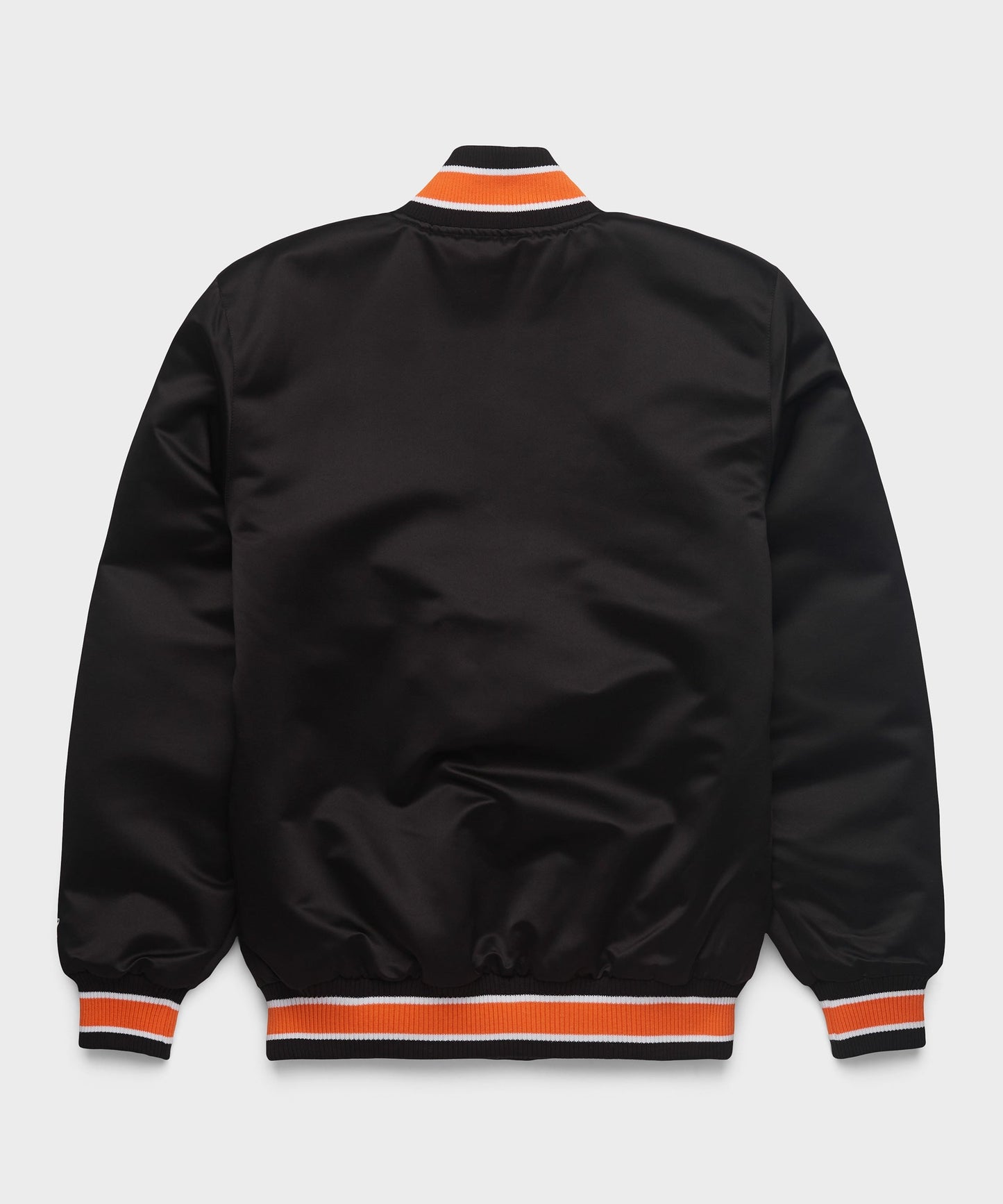dark brown jacket with orange and white trim on a light gray background